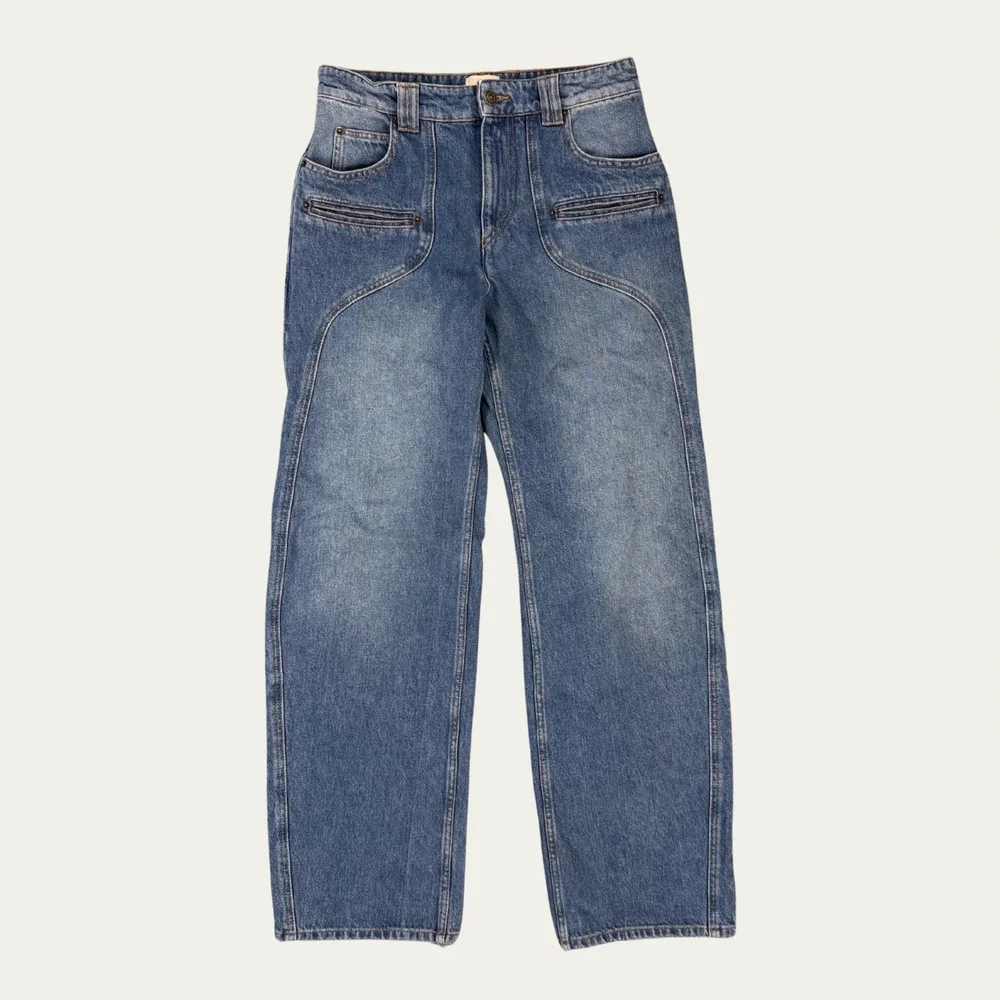 $695 ISABEL MARANT BETIANE JEANS size 40 Wide Leg Zip Fly Unique Stitching Logo - Picture 5 of 11